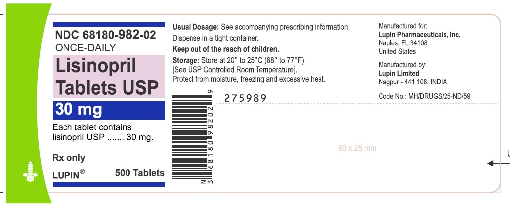 LISINOPRIL TABLETS USP
Rx Only
30 mg
NDC 68180-982-02
500 Tablets