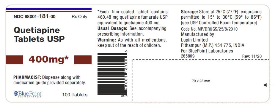 Quetiapine Tablets USP 400mg 100 Tablets, NDC 68001-18-00, Pithampur
