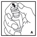 2. Remove the protective cap from the vial (A). Aseptically cleanse the rubber stopper with a sterile alcohol swab, being careful not to handle the rubber stopper.