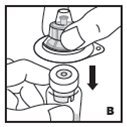 3. Place the product vial on a firm, non-skid surface. Peel off the paper cover on the vial adapter plastic housing. Do not remove the adapter from the plastic housing. Holding the adapter housing, place over the product vial and firmly press down (B). The adapter will snap over the vial cap. Do not remove the adapter housing at this step.