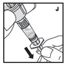 11. Withdraw all the solution into the syringe by pulling the plunger rod back slowly and smoothly (J). Tilt the vial to the side and back to make sure all the solution has been drawn toward the large opening in the rubber stopper and into the syringe. Remove as much air as possible before removing the syringe from the vial by slowly and carefully pushing the air back into the vial.