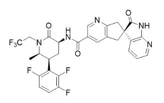 The active ingredient of TRADENAME is atogepant, a calcitonin gene-related peptide (CGRP) receptor antagonist. The chemical name of atogepant is (S)-N-((3S,5S,6R)-6-methyl-2-oxo-1-(2,2,2-trifluoroethyl)-5-(2,3,6-trifluorophenyl)piperidin-3-yl)-2'-oxo-1',2',5,7-tetrahydrospiro[cyclopenta[b]pyridine-6,3'-pyrrolo[2,3-b]pyridine]-3-carboxamide and has the following structural formula: