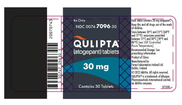 NDC 0074-7096-30
QULIPTA™
(atogepant) tablets
Rx Only
30 mg
Contains 30 Tablets
