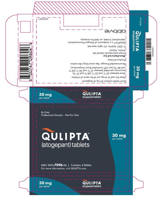 NDC 0074-7096-04
QULIPTA™
(atogepant) tablets
Rx Only
Professional Sample – Not For Sale
30 mg
Contains 4 Tablets
For more information, visit QULIPTA.com
