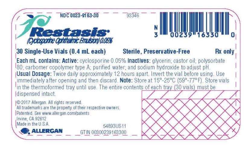 NDC 0023-9163-30 
Restasis® 
(Cyclosporine Ophthalmic Emulsion) 0.05%
30 Single-Use Vials (0.4 mL each) 
Sterile, Preservative-Free
Rx only
