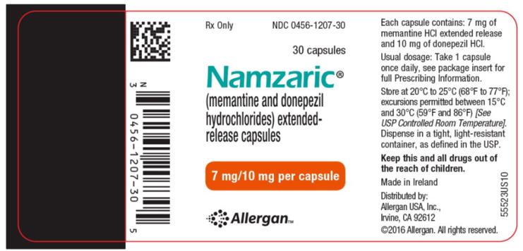 Rx Only NDC 0456-1207-30 
30 capsules 
Namzaric®
(memantine and donepezil
hydrochlorides) extended-
release capsules 
7 mg/10 mg per capsule
AllerganTM

