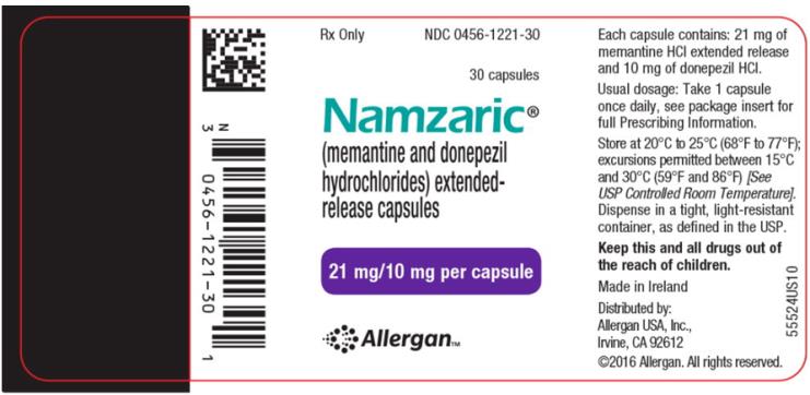 NDC 0456-1221-30 
Rx only
30 capsules 
Namzaric®
(memantine and donepezil
hydrochlorides) extended-
release capsules 
21 mg/10 mg per capsule
Allergan™
