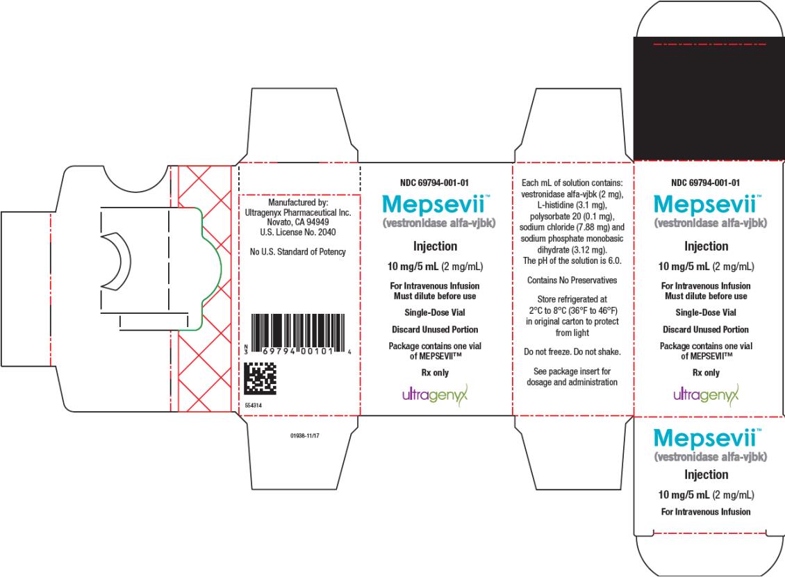 PRINCIPAL DISPLAY PANEL
NDC 69794-001-01
Mepsevii
(vestronldase alfa-vjbk)
Injection
10 mg/ 5 mL (2mg/mL)
Rx Only
