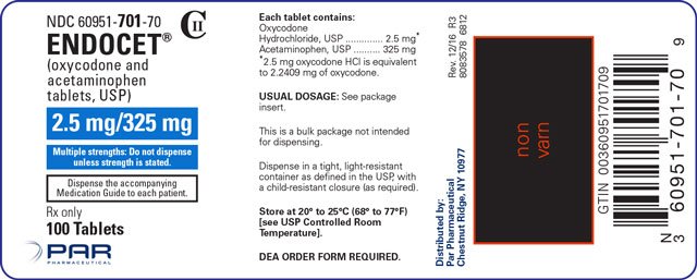 Image of the Endocet® (oxycodone and acetaminophen tablets, USP) 2.5 mg/325 mg 100 tablet label.