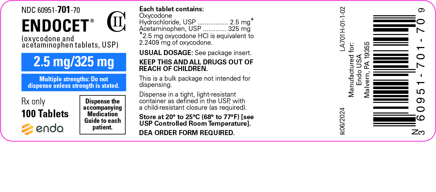 Image of the Endocet® (oxycodone and acetaminophen tablets, USP) 2.5 mg/325 mg 100 tablet label.