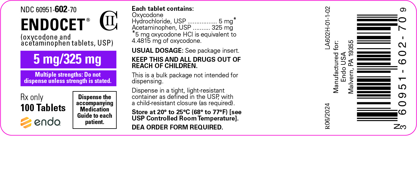 Image of the Endocet® (oxycodone and acetaminophen tablets, USP) 5 mg/325 mg 100 tablet label.