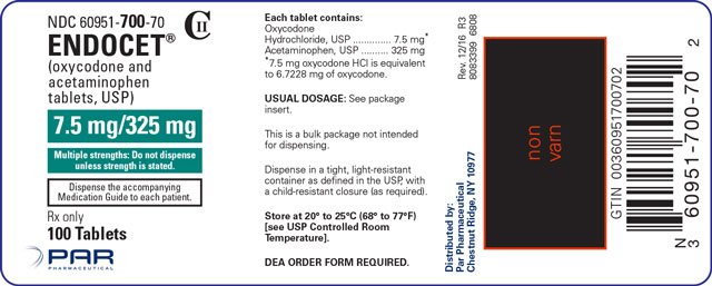 Image of the Endocet® (oxycodone and acetaminophen tablets, USP) 7.5 mg/325 mg 100 tablet label.