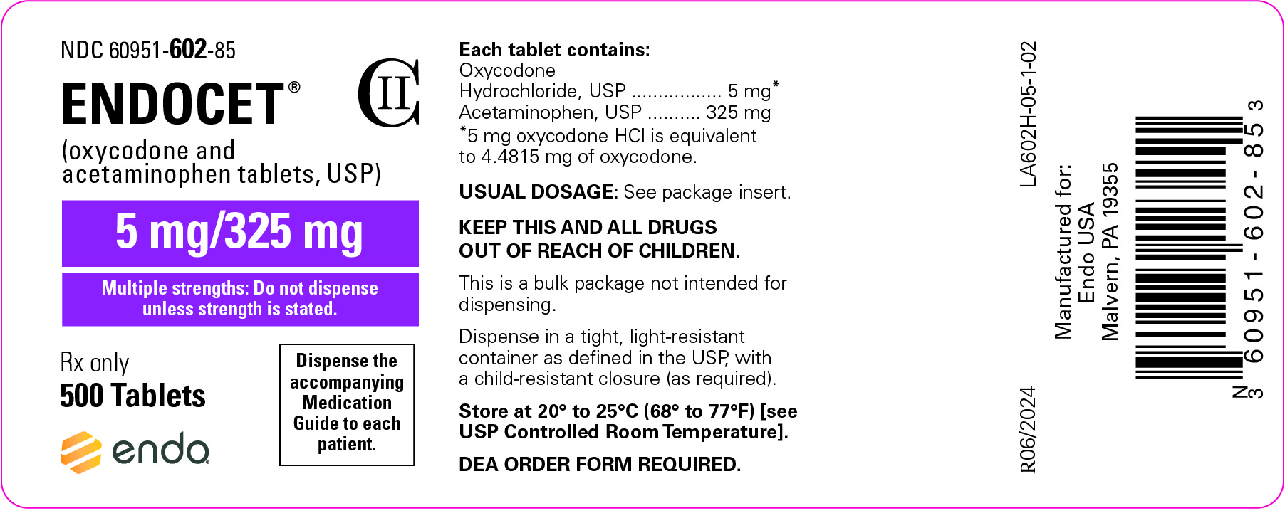 Image of the Endocet® (oxycodone and acetaminophen tablets, USP) 7.5 mg/325 mg 100 tablet label.