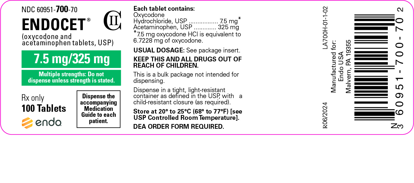 Image of the Endocet® (oxycodone and acetaminophen tablets, USP) 10 mg/325 mg 100 tablet label.