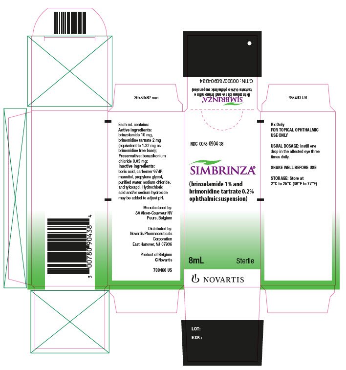 
								NDC 0078-0904-38
								SIMBRINZA®
								(brinzolamide 1% and brimonidine tartrate 0.2% ophthalmic suspension
								8 mL
								Sterile
								Rx Only
								FOR TOPICAL OPHTHALMIC USE ONLY
								NOVARTIS
							