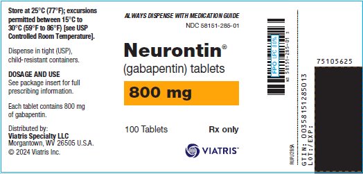 Neurontin® (gabapentin) Capsules 800 mg Bottle Label