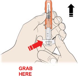 Hold the syringe by the barrel with the needle cap pointing up. Carefully pull the needle cap straight off and away from your body.  