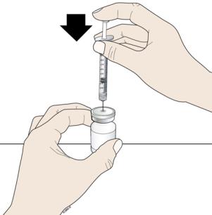 Keep the needle in the vial and turn the vial upside down.  Make sure that the NEUPOGEN liquid is covering the tip of the needle.