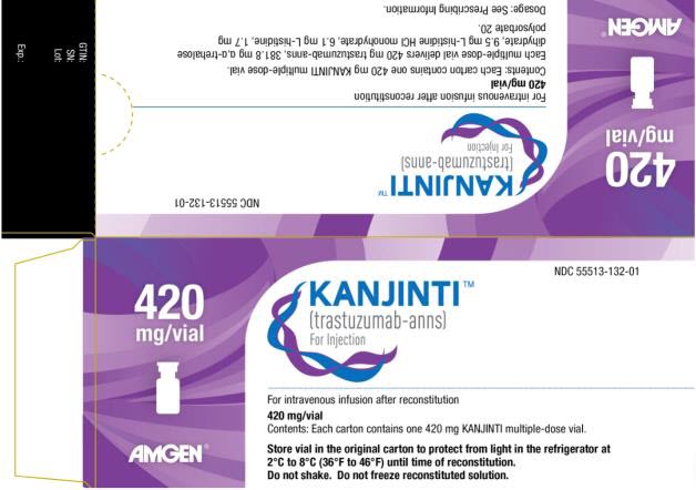 PRINCIPAL DISPLAY PANEL NDC 55513-132-01 KANJINTI™ (trastuzumab anns) For Injection 420 mg/vial For intravenous infusion after reconstitution 420 mg/vial Contents:Each carton contains one 420 mg KANJINTI multiple-dose vial. AMGEN® Store vial in the original carton to protect from light in the refrigerator at 2°C to 8°C (36° F to 46°F) until time of reconstitution. Do not shake. Do not freeze reconstituted solution.