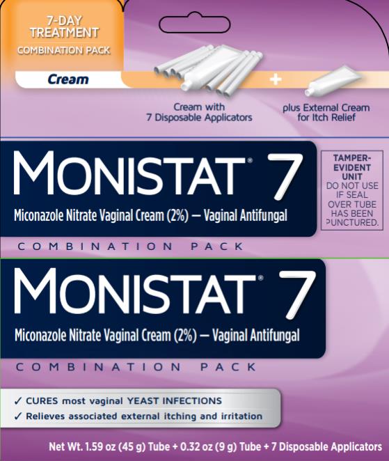 MONISTAT® 7 
COMBINATION PACK
Miconazole Nitrate Vaginal Cream (2%) VAGINAL ANTIFUNGAL

Cream with 7 Disposable Applicators plus External Cream for Itch Relief	    

Net Wt. 1.59 oz (45 g) Tube + 0.32 oz (9 g) Tube + 7 Disposable Applicators
