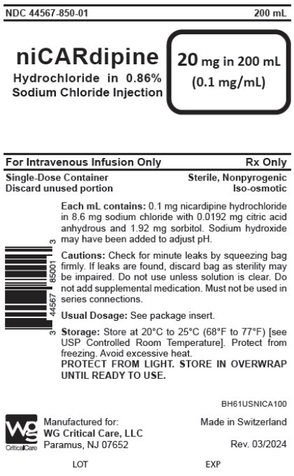 nicardipine HCL in 0.86% Sodium Chloride Injection 20 mg in 200 mL bag label image