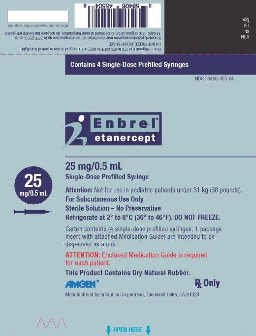 PRINCIPAL DISPLAY PANEL Contains 4 Single-Dose Prefilled Syringes NDC 58406-455-04 Enbrel® etanercept 25 mg/0.5 mL Single-Dose Prefilled Syringe 25 mg/0.5 mL Attention: Not for use in pediatric patients under 31 kg (68 pounds). For Subcutaneous Use Only Sterile Solution – No Preservative Refrigerate at 2° to 8°C (36° to 46°F). DO NOT FREEZE. Carton contents (4 single-dose prefilled syringes, 1 package insert with attached Medication Guide) are intended to be dispensed as a unit. ATTENTION: Enclosed Medication Guide is required for each patient. This Product Contains Dry Natural Rubber. AMGEN® Rx Only Manufactured by Immunex Corporation, Thousand Oaks, CA 91320