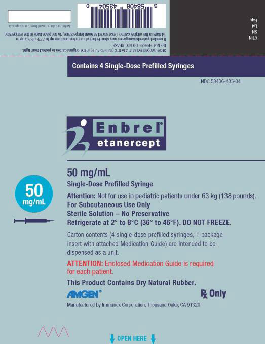 PRINCIPAL DISPLAY PANEL Contains 4 Single-Dose Prefilled Syringes NDC 58406-455-04 Enbrel® etanercept 25 mg/0.5 mL Single-Dose Prefilled Syringe 25 mg/0.5 mL Attention: Not for use in pediatric patients under 31 kg (68 pounds). For Subcutaneous Use Only Sterile Solution – No Preservative Refrigerate at 2° to 8°C (36° to 46°F). DO NOT FREEZE. Carton contents (4 single-dose prefilled syringes, 1 package insert with attached Medication Guide) are intended to be dispensed as a unit. ATTENTION: Enclosed Medication Guide is required for each patient. This Product Contains Dry Natural Rubber. AMGEN® Rx Only Manufactured by Immunex Corporation, Thousand Oaks, CA 91320