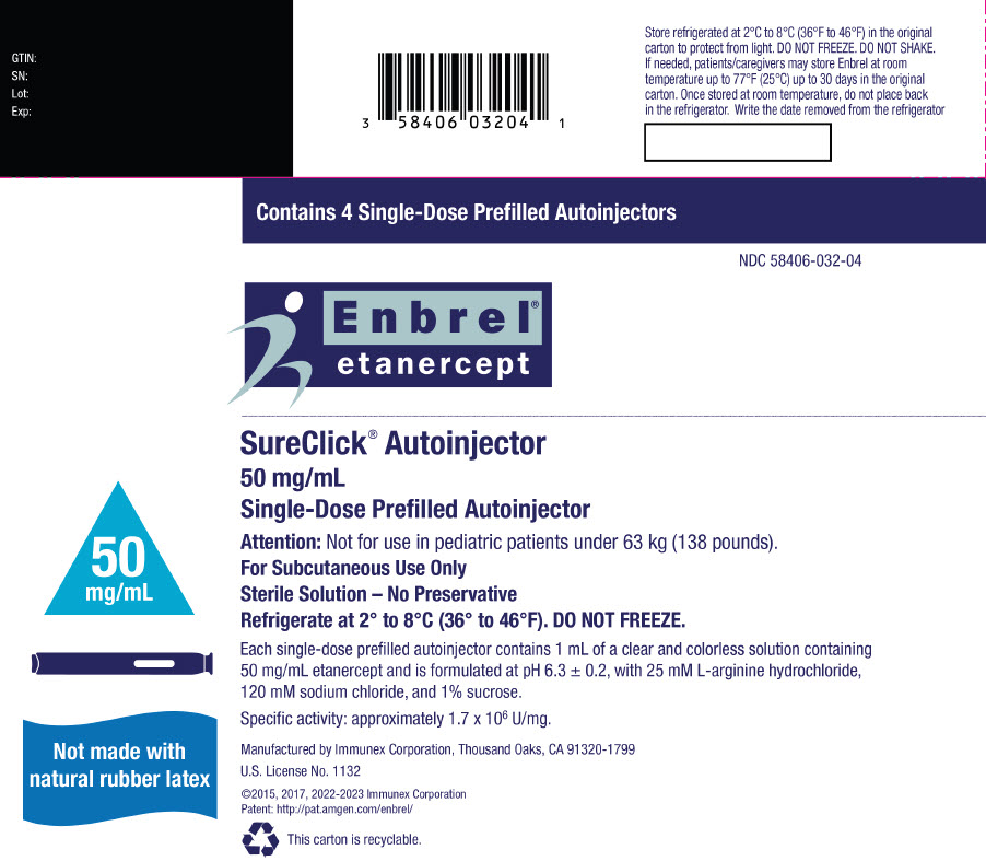 PRINCIPAL DISPLAY PANEL Contains 4 Multi-Dose Trays NDC 58406-425-34 AMGEN® Enbrel® etanercept 25 mg/vial Multiple-Dose Vial See package insert for full prescribing information and instructions for preparation and administration. 25 mg/vial Each vial contains a sterile lyophilized preparation of 25 mg etanercept (a recombinant CHO cell-derived product), 40 mg mannitol, 10 mg sucrose, and 1.2 mg tromethamine. Specific activitiy: approximately 1.7 x 106 U/mg. No U.S. standard of potency. Volume after reconstitution with 1 mL diluent is 1 mL. Before and after reconstitution refrigerate at 2° to 8°C (36° to 46°F). DO NOT FREEZE. For Subcutaneous Use Only AMGEN® Manufactured by Immunex Corporation, Thousand Oaks, CA 91320 Contains diluent syringes (Made in Germany) U.S. License No. 1132 ©2013, 2016 Immunex Corporation Patent: http://pat.amgen.com/enbrel/
