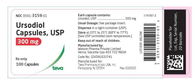 NDC 0591-3159-01 Ursodiol Capsules, USP 300 mg 100 Capsules teva