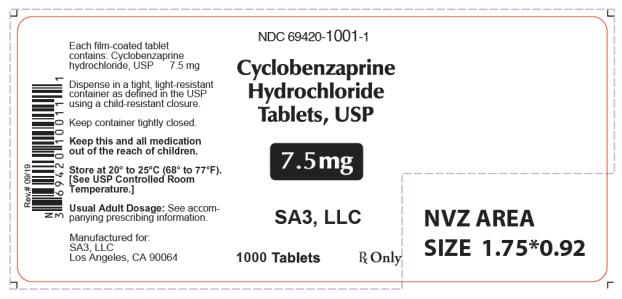 PRINCIPAL DISPLAY PANEL
NDC 69420-1001-1
Cyclobenzaprine
Hydrochloride
Tablets, USP
7.5 mg
Rx only
1000 Tablets
