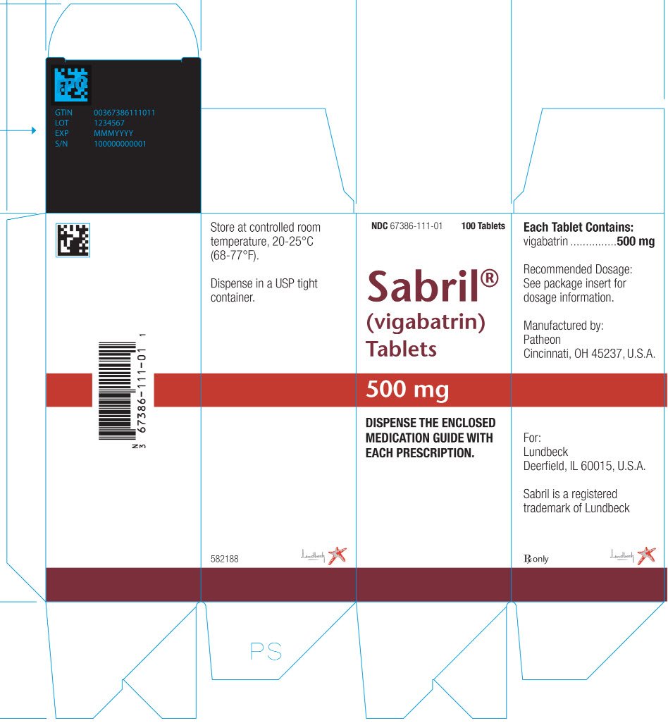 PRINCIPAL DISPLAY PANEL NDC 67386-111-01 Sabril® (vigabatrin) Tablets 500 mg DISPENSE THE ENCLOSED MEDICATION GUIDE WITH EACH PRESCTIPTION. Rx only 100 Tablets