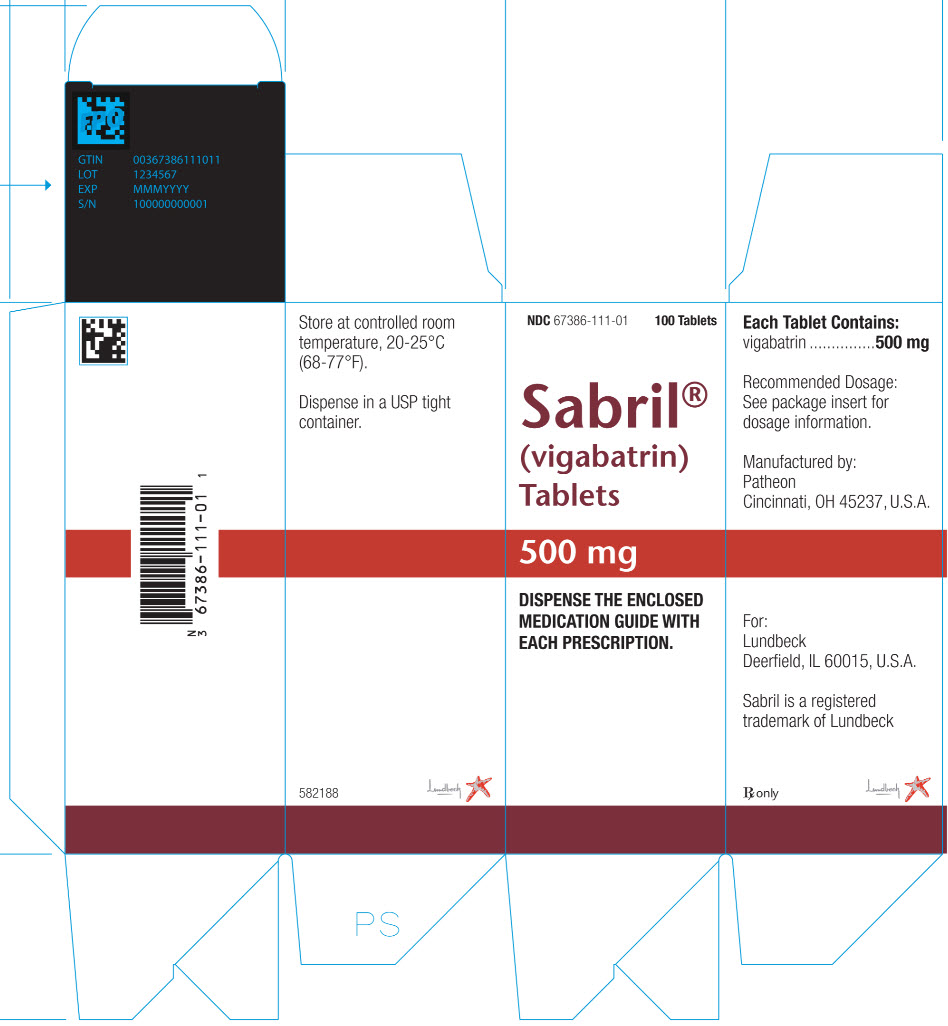 PRINCIPAL DISPLAY PANEL NDC 67386-111-01 Sabril® (vigabatrin) Tablets 500 mg DISPENSE THE ENCLOSED MEDICATION GUIDE WITH EACH PRESCTIPTION. Rx only 100 Tablets