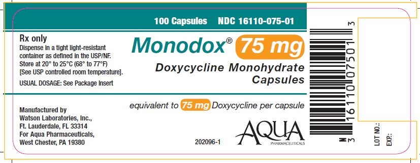 Monodox® 75 mg Doxycycline Monohydrate Capsules NDC 16110-075-01 100 capsule count bottle label