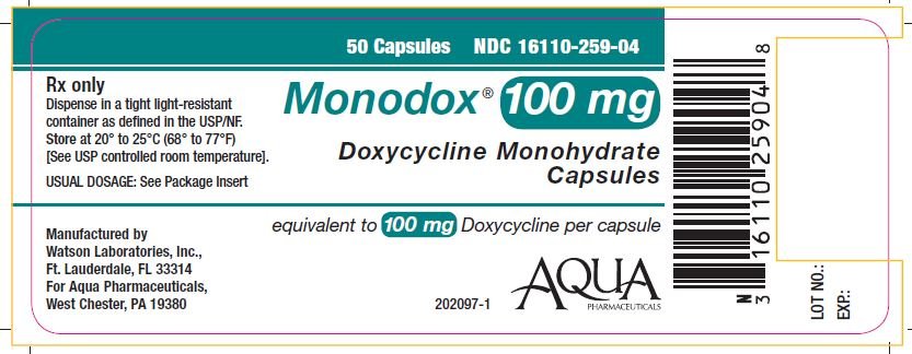 Monodox® 100 mg Doxycycline Monohydrate Capsules NDC 16110-259-04 50 capsule count bottle label