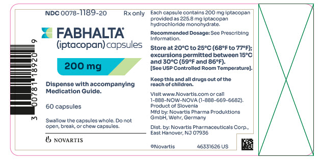 PRINCIPAL DISPLAY PANEL
								NDC 0078-1189-20
								Rx only
								FABHALTA®
								(iptacopan) capsules
								200 mg
								Dispense with accompanying Medication Guide.
								60 capsules
								Swallow the capsules whole. Do not open, break, or chew capsules.
								NOVARTIS
							