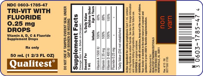 This is an image of the label for Tri-Vit with Fluoride 0.25 mg Drops 50 mL.