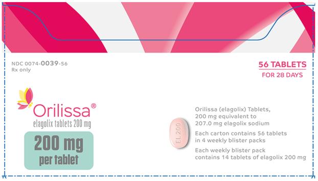 NDC 0074-0039-56
Rx only
56 TABLETS
FOR 28 DAYS
Orilissa®
elagolix tablets 200 mg
200 mg per tablet
Orilissa (elagolix) Tablets,
200 mg equivalent to 207.0 mg elagolix sodium
Each carton contains 56 tablets in 4 weekly blister packs
Each weekly blister pack contains 14 tablets of elagolix 200 mg
