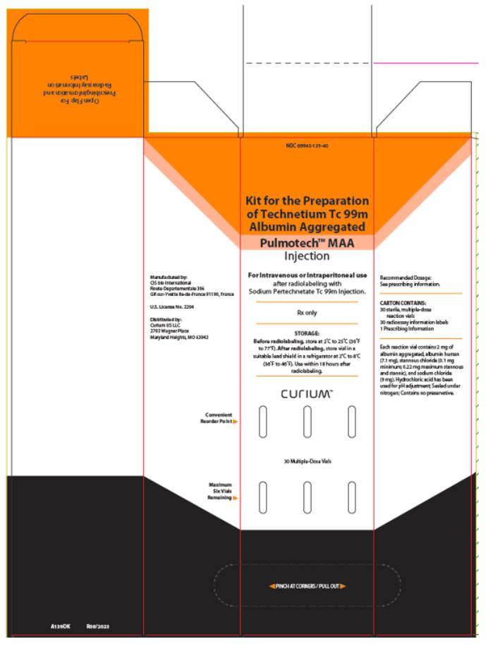 PRINCIPAL DISPLAY PANEL
NDC 69945-139-40
Kit for the Preparation of Technetium Tc 99m Albumin Aggregated
Pulmotech™ MAA
Injection
For Intravenous or Intraperitoneal use after radiolabeling with Sodium Pertechnetate Tc 99m Injection.
Rx only
STORAGE:
Before radiolabeling, store at 2°C to 25°C (36°F to 77°F). After radiolabeling, store vial in a suitable lead shield in a refrigerator at 2°C to 8°C (36°F to 46°F). Use within 18 hours after radiolabeling.
CURIUM™
30 Multiple-Dose Vials
PINCH AT CORNERS / PULL OUT
Recommended Dosage: See prescribing information.
CARTON CONTAINS:
30 sterile, multiple-dose reaction vials
30 radioassay information labels
1 Prescribing Information
Each reaction vial contains 2 mg of albumin aggregated, albumin human (7.1 mg), stannous chloride (0.1 mg minimum; 0.22 mg maximum stannous and stannic), and sodium chloride (9 mg). Hydrochloric acid has been used for pH adjustment; Sealed under nitrogen; Contains no preservative.
Manufactured by:
CIS bio International
Route Departementale 306
Gif-sur-Yvette Ile-de-France 91190, France
U.S. License No. 2204
Distributed by: 
Curium US LLC
2703 Wagner Place
Maryland Heights, MO 63043
Convenient Reorder Point
Maximum Six Vials Remaining
Open Flap For Prescribing Information and Radioassay Information Labels
A139DK
R08/2023
