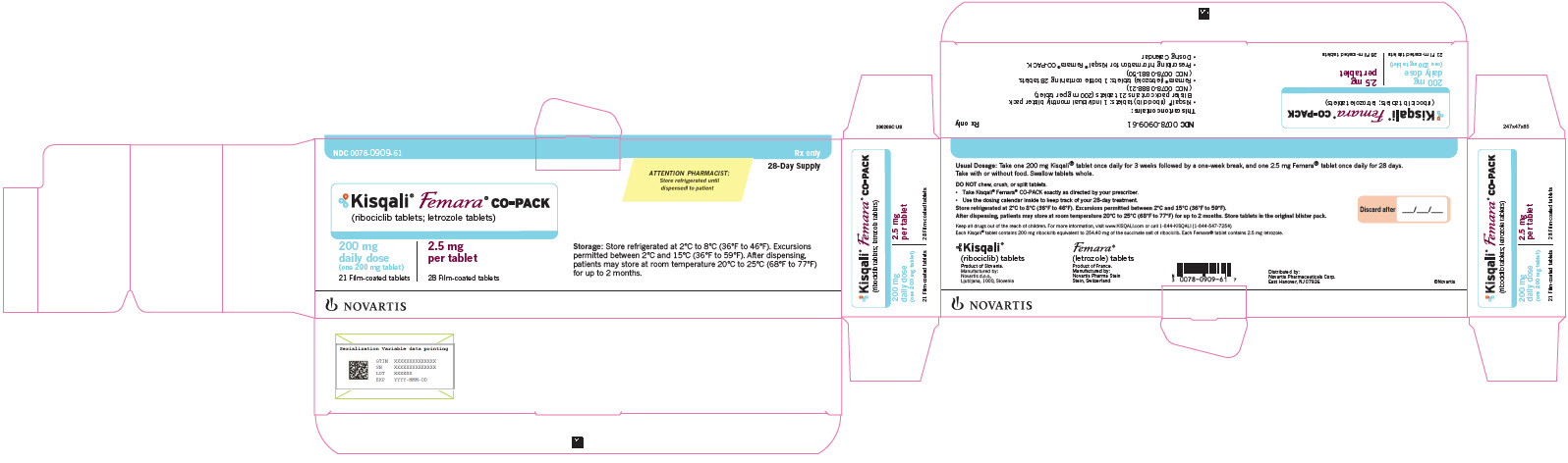PRINCIPAL DISPLAY PANEL
								NDC 0078-0909-61
								Rx only
								28-Day Supply
								Kisqali® Femara® CO-PACK
								(ribociclib tablets; letrozole tablets)
								200 mg daily dose (one 200 mg tablet) 21 Film-coated tablets
								2.5 mg per tablet 28 Film-coated tablets
								Storage: Store refrigerated at 2°C to 8°C (36°F to 46°F). Excursions permitted between 2°C and 15°C (36°F and 59°F). After dispensing, patients may store at room temperature at 20°C to 25°C (68°F to 77°F) for up to 2 months.
								NOVARTIS
								