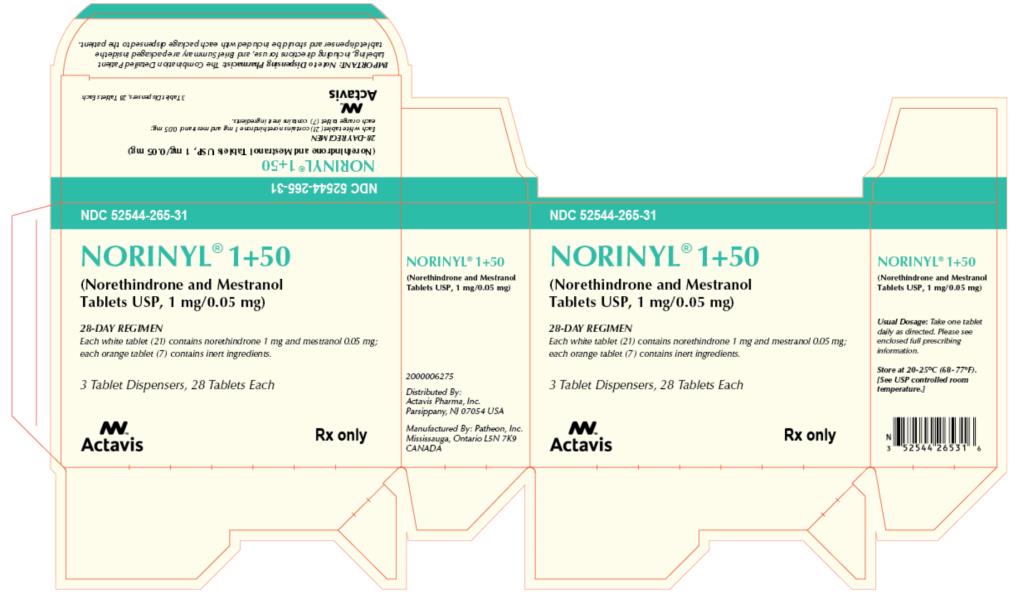 PRINCIPAL DISPLAY PANEL 
NORINYL® 1+50
(Norethindrone and Mestranol Tablets USP, 1mg/0.05 mg)
NDC 52544-265-31
Carton x 3 - 28 Tablet Dispensers
