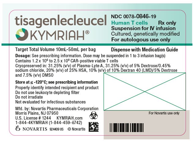 PRINCIPAL DISPLAY PANEL
								tisagenlecleucel
								KYMRIAH®
								NDC 0078-0846-19
								Human T cells
								Rx only 
								Suspension for IV infusion
								Cultured, genetically modified
								For autologous use only
								Dispense with Medication Guide
								NOVARTIS
							