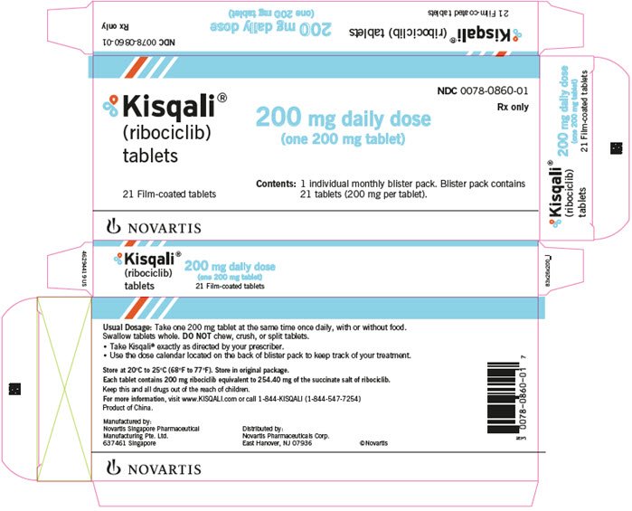 PRINCIPAL DISPLAY PANEL
								NDC 0078-0860-01
								Rx only
								Kisqali®
								(ribociclib)
								tablets
								200 mg daily dose
								(one 200 mg tablet)
								21 Film-coated tablets
								Contents: 1 individual monthly blister pack. Blister pack contains 21 tablets (200 mg per tablet).
								NOVARTIS