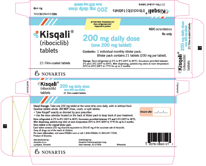 PRINCIPAL DISPLAY PANEL
								NDC 0078-0860-01
								Rx only
								Kisqali®
								(ribociclib)
								tablets
								200 mg daily dose
								(one 200 mg tablet)
								21 Film-coated tablets
								Contents: 1 individual monthly blister pack. Blister pack contains 21 tablets (200 mg per tablet).
								Storage: Store refrigerated at 2°C to 8°C (36°F to 46°F). Excursions permitted between 2°C and 15°C (36°F and 59°F). After dispensing, patients may store at room temperature at 20°C to 25°C (68°F to 77°F) for up to 2 months.
								NOVARTIS