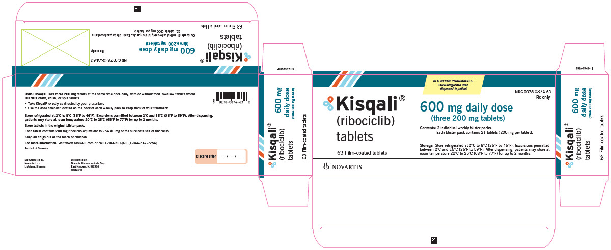 PRINCIPAL DISPLAY PANEL
								NDC 0078-0874-63
								Rx only
								Kisqali®
								(ribociclib)
								tablets
								600 mg daily dose
								(three 200 mg tablets)
								63 Film-coated tablets
								Contents: 3 individual weekly blister packs. Each blister pack contains 21 tablets (200 mg per tablet).
								Storage: Store refrigerated at 2°C to 8°C (36°F to 46°F). Excursions permitted between 2°C and 15°C (36°F and 59°F). After dispensing, patients may store at room temperature at 20°C to 25°C (68°F to 77°F) for up to 2 months.
								NOVARTIS