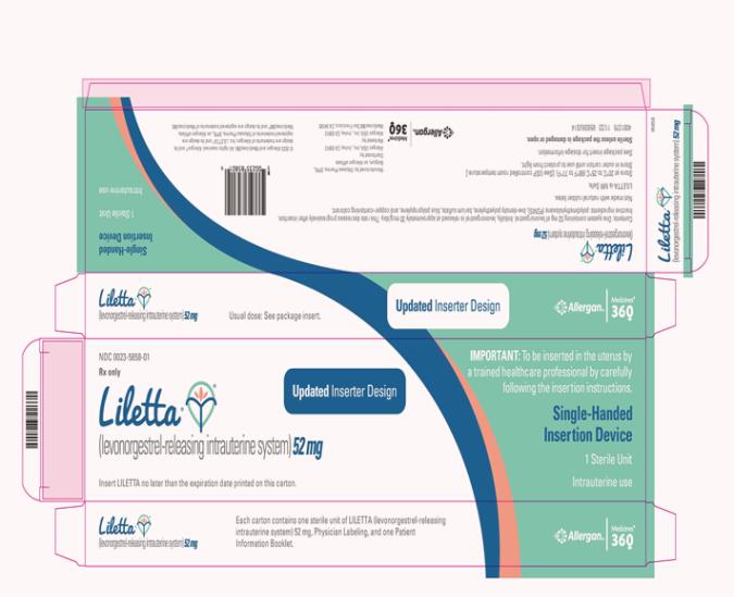 NDC 0023-5858-01
Rx Only
LILETTA
(levonorgestrel-releasing intrauterine system) 52 mg
Single-Handed Insertion Device
1 Sterile Unite
Intrauterine use
Allergan/Medicine 360

