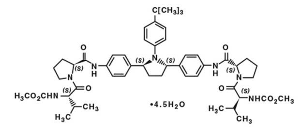 the following molecular structure for The chemical name of ombitasvir is Dimethyl ([(2S,5S)-1-(4-tert-butylphenyl) pyrrolidine-2,5-diyl]bis{benzene-4,1-diylcarbamoyl(2S)pyrrolidine-2,1-diyl[(2S)-3-methyl-1-oxobutane-1,2-diyl]})biscarbamate hydrate. The molecular formula is C50H67N7O8•4.5H2O (hydrate) and the molecular weight for the drug substance is 975.20 (hydrate).  The drug substance is white to light yellow to light pink powder, and is practically insoluble in aqueous buffers but is soluble in ethanol. 