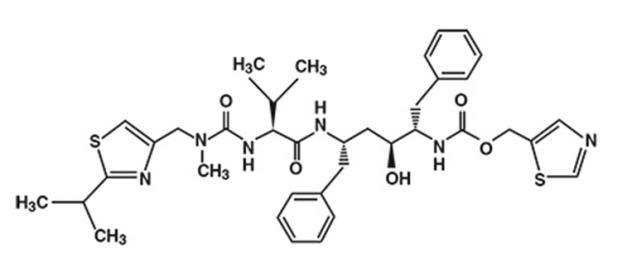 the following molecular structure for The chemical name of ritonavir is [5S-(5R*,8R*,10R*,11R*)]10-Hydroxy-2-methyl-5-(1-methyethyl)-1-[2-(1-methylethyl)-4-thiazolyl]-3,6-dioxo-8,11-bis(phenylmethyl)-2,4,7,12-tetraazatridecan-13-oic acid,5-thiazolylmethyl ester. The molecular formula is C37H48N6O5S2 and the molecular weight for the drug substance is 720.95. The drug substance is white to off white to light tan powder practically insoluble in water and freely soluble in methanol and ethanol. 