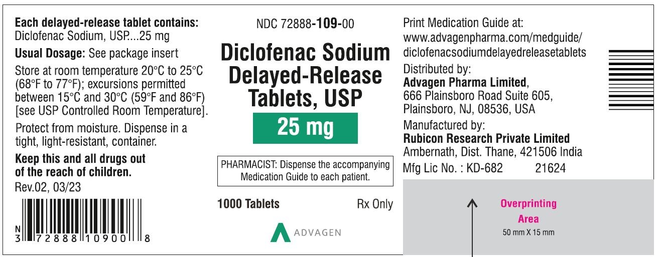 Diclofenac Sodium DR Tablets 25mg - NDC 72888-109-00 - 1000 Tablets Label