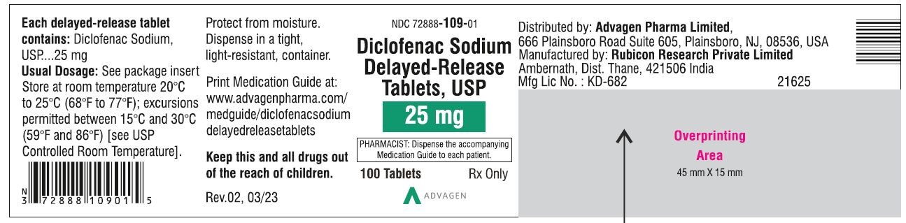 Diclofenac Sodium DR Tablets 25mg - NDC 72888-109-01 - 100 Tablets Label