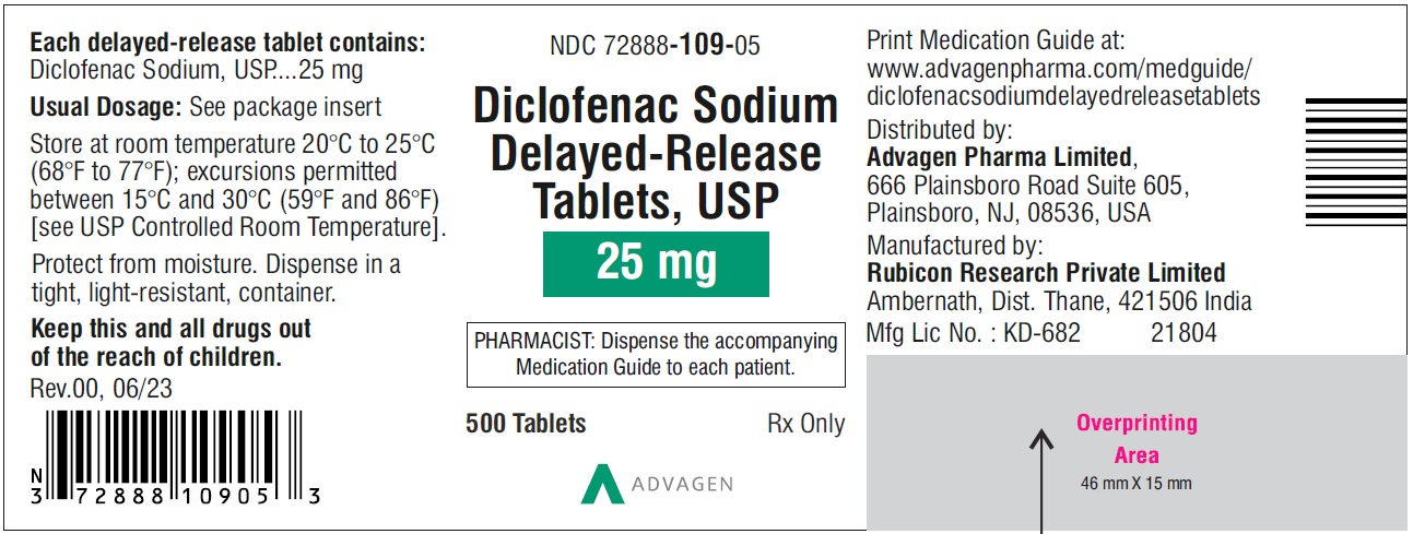 Diclofenac Sodium DR Tablets 25mg - NDC 72888-109-05 - 500 Tablets Label